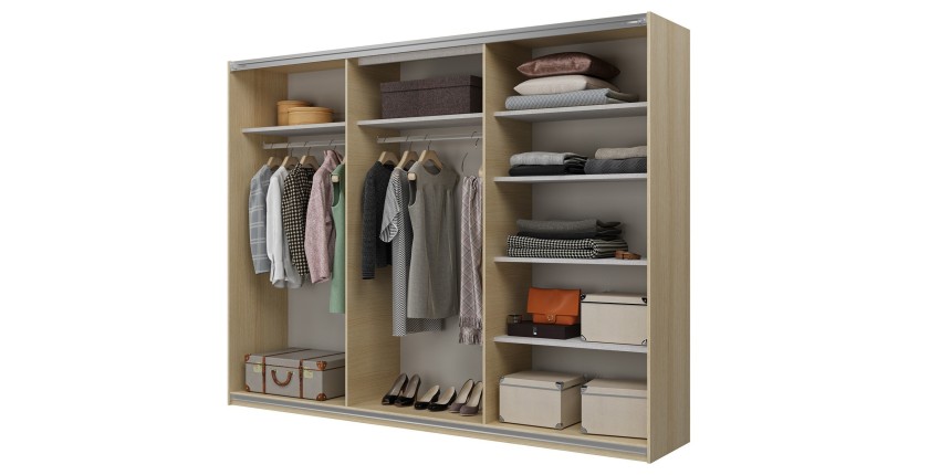 Armoire VERTIS 3 portes coulissantes chêne clair et noir avec fermeture silencieuse 270 cm