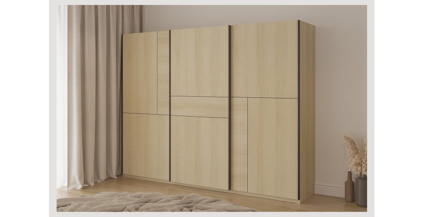 Armoire VERTIS 3 portes coulissantes chêne clair et noir avec fermeture silencieuse 270 cm