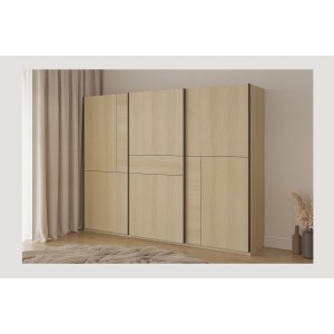 Armoire VERTIS 3 portes coulissantes chêne clair et noir avec fermeture silencieuse 270 cm