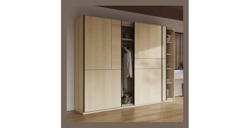 Armoire VERTIS 3 portes coulissantes chêne clair et noir avec fermeture silencieuse 270 cm