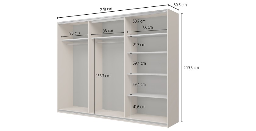 Armoire VERTIS 3 portes coulissantes chêne clair et noir avec fermeture silencieuse 270 cm