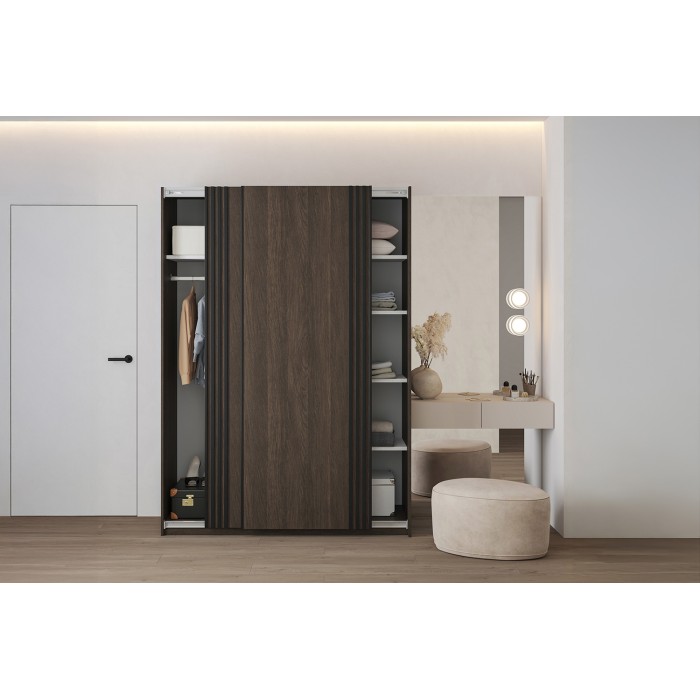 Schrank MONVIA mit 2 Schiebetüren in dunkler Eiche und Schwarz mit leiser Schließung, 150 cm
