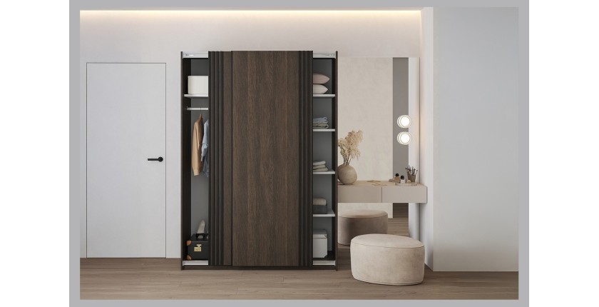 Armoire MONVIA 2 portes coulissantes chêne foncé et noir avec fermeture silencieuse 150 cm