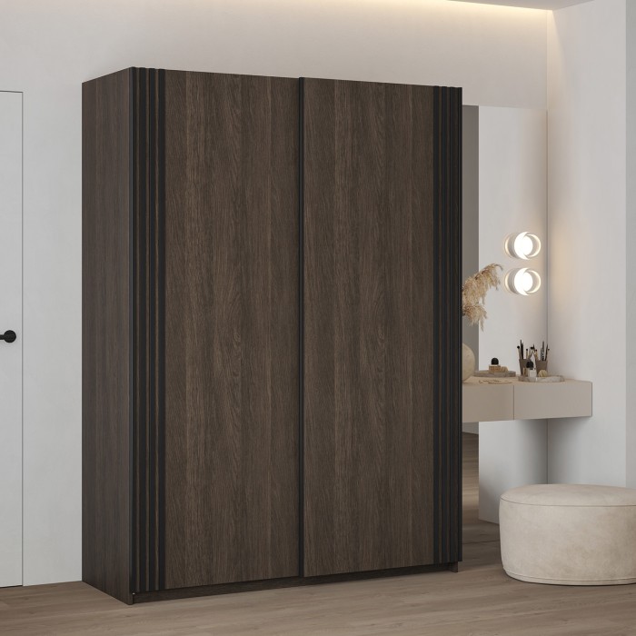 Schrank MONVIA mit 2 Schiebetüren in dunkler Eiche und Schwarz mit leiser Schließung, 150 cm