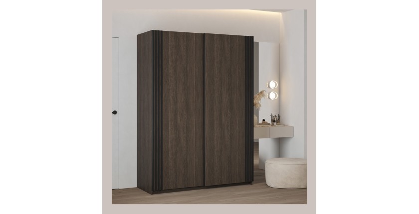 Armoire MONVIA 2 portes coulissantes chêne foncé et noir avec fermeture silencieuse 150 cm