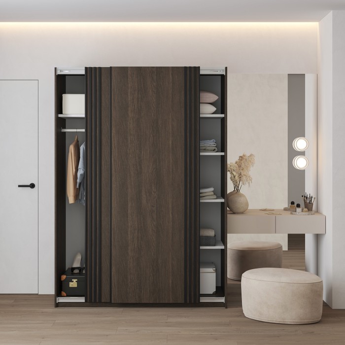 Schrank MONVIA mit 2 Schiebetüren in dunkler Eiche und Schwarz mit leiser Schließung, 150 cm