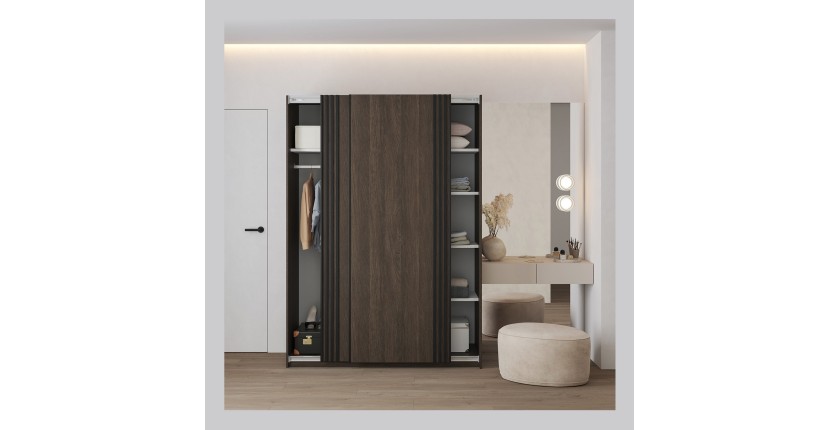 Armoire MONVIA 2 portes coulissantes chêne foncé et noir avec fermeture silencieuse 150 cm