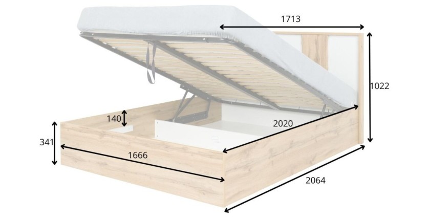 Lit coffre WOOD 160x200cm ouvert avec dimensions
