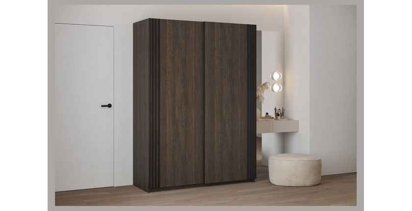 Armoire MONVIA 2 portes coulissantes chêne foncé et noir avec fermeture silencieuse 180 cm