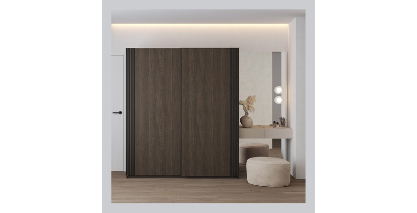 Armoire MONVIA 2 portes coulissantes chêne foncé et noir avec fermeture silencieuse 180 cm