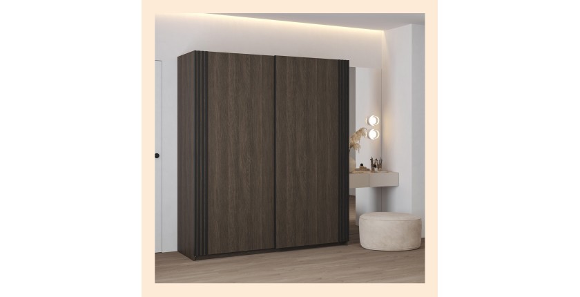 Armoire MONVIA 2 portes coulissantes chêne foncé et noir avec fermeture silencieuse 180 cm