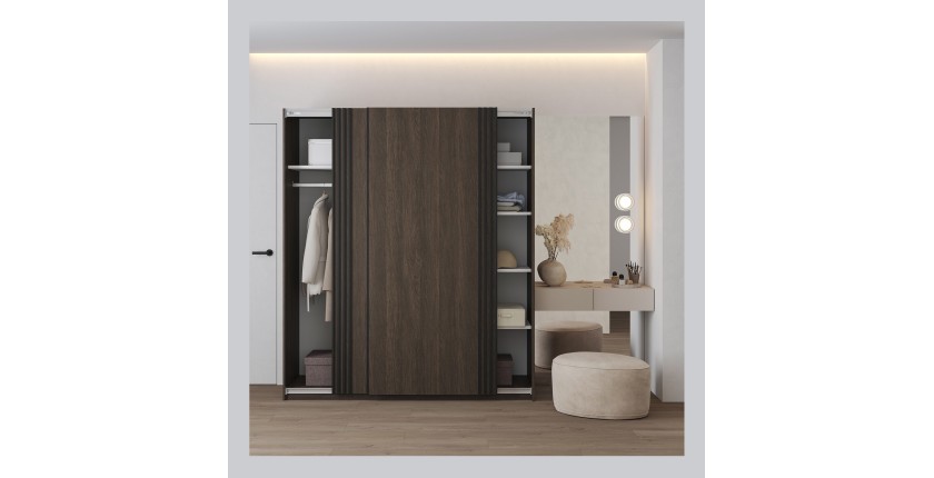 Armoire MONVIA 2 portes coulissantes chêne foncé et noir avec fermeture silencieuse 180 cm