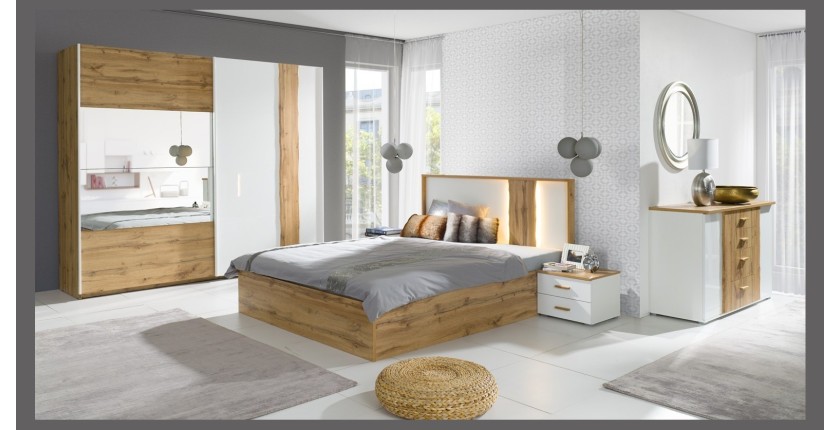 copy of Pack letto 160x200 con LED + 2 comodini WOOD colore bianco e rovere