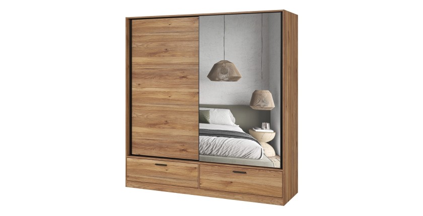 Armoire EOS 2 portes coulissantes avec miroir chêne clair 180 cm