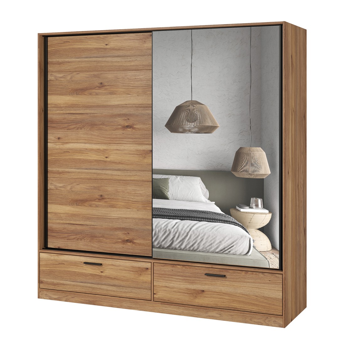 Armoire EOS 2 portes coulissantes avec miroir chêne clair 180 cm
