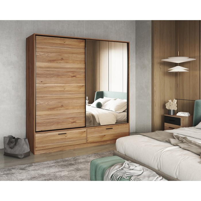 Armoire EOS 2 portes coulissantes avec miroir chêne clair 180 cm
