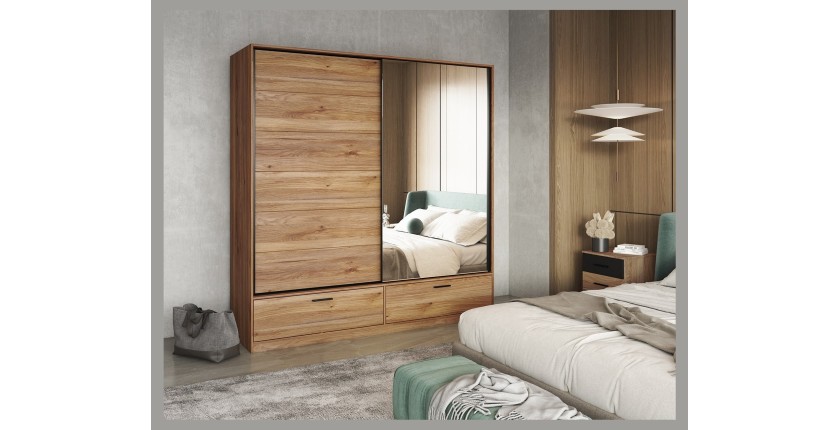 Armoire EOS 2 portes coulissantes avec miroir chêne clair 180 cm