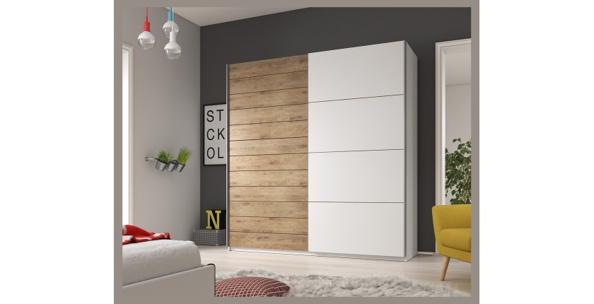 Armoire FLOYD 2 portes coulissantes chêne clair et blanc avec fermeture silencieuse 270 cm