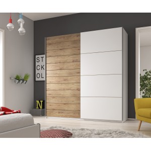 Armoire FLOYD 2 portes coulissantes chêne clair et blanc avec fermeture silencieuse 270 cm