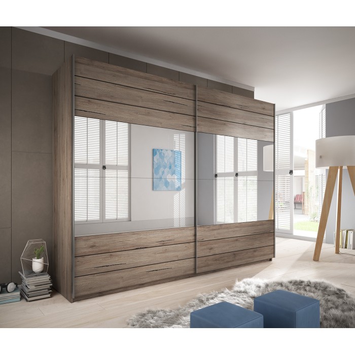 Armoire FLOYD 270 cm - 2 portes coulissantes avec miroirs coloris bois brut
