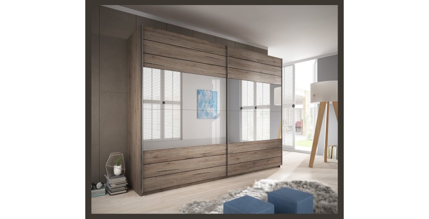 Armoire FLOYD 270 cm - 2 portes coulissantes avec miroirs coloris bois brut