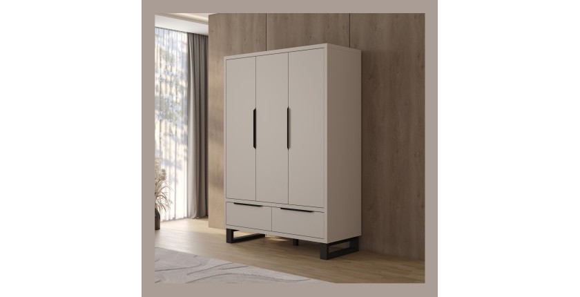 Armoire MILOS 3 portes cachemire avec 2 tiroirs et poignées métal 145 cm