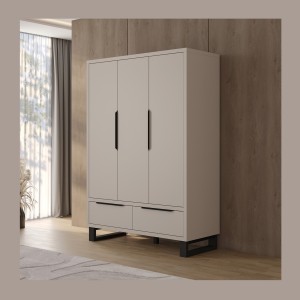 Armoire MILOS 3 portes cachemire avec 2 tiroirs et poignées métal 145 cm