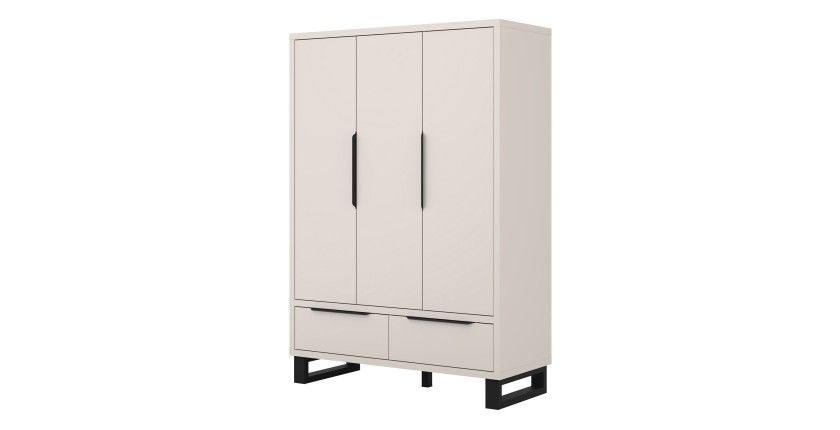 Armoire MILOS 3 portes cachemire avec 2 tiroirs et poignées métal 145 cm
