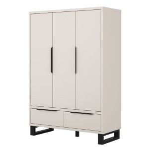 Armoire MILOS 3 portes cachemire avec 2 tiroirs et poignées métal 145 cm