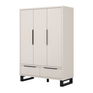 Armoire MILOS 3 portes cachemire avec 2 tiroirs et poignées métal 145 cm