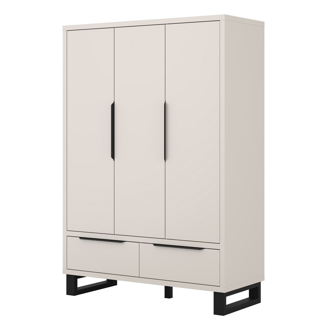 Armoire MILOS 3 portes cachemire avec 2 tiroirs et poignées métal 145 cm