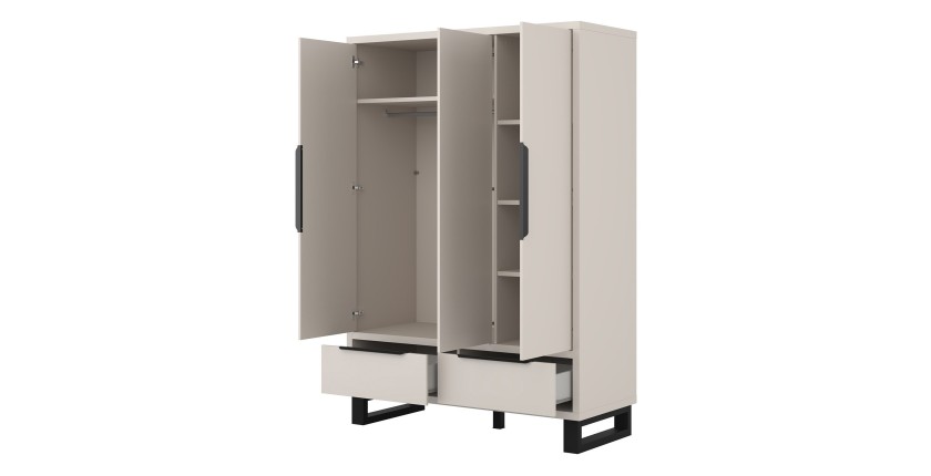 Armoire MILOS 3 portes cachemire avec 2 tiroirs et poignées métal 145 cm