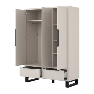 Armoire MILOS 3 portes cachemire avec 2 tiroirs et poignées métal 145 cm