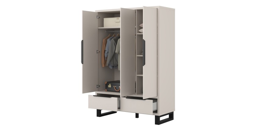 Armoire MILOS 3 portes cachemire avec 2 tiroirs et poignées métal 145 cm