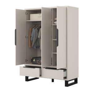 Armoire MILOS 3 portes cachemire avec 2 tiroirs et poignées métal 145 cm