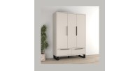 Armoire MILOS 3 portes cachemire avec 2 tiroirs et poignées métal 145 cm