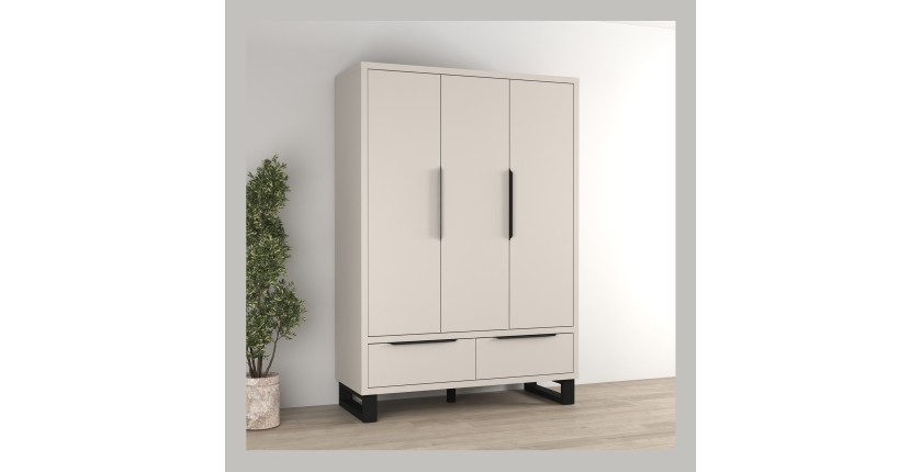 Armoire MILOS 3 portes cachemire avec 2 tiroirs et poignées métal 145 cm