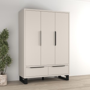 Armoire MILOS 3 portes cachemire avec 2 tiroirs et poignées métal 145 cm