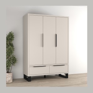 Armoire MILOS 3 portes cachemire avec 2 tiroirs et poignées métal 145 cm