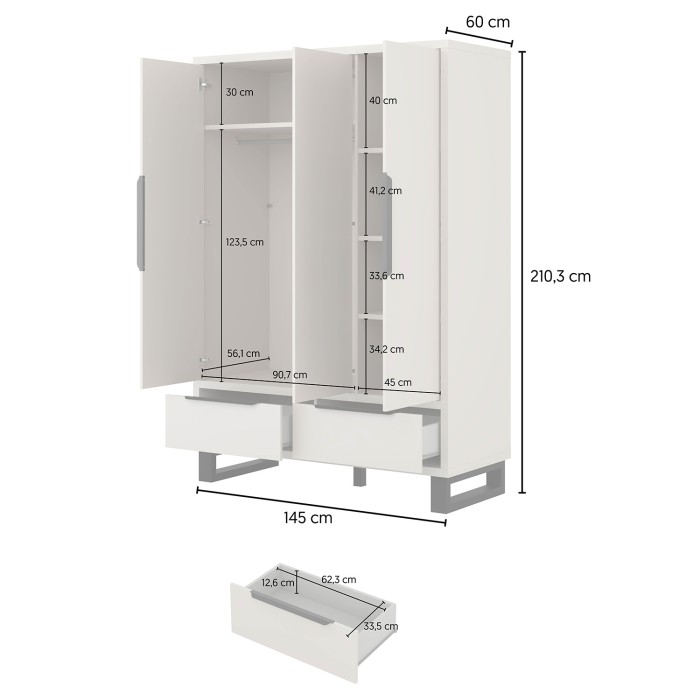 Schrank MILOS 3 Türen Kaschmir mit 2 Schubladen und Metallgriffen 145 cm