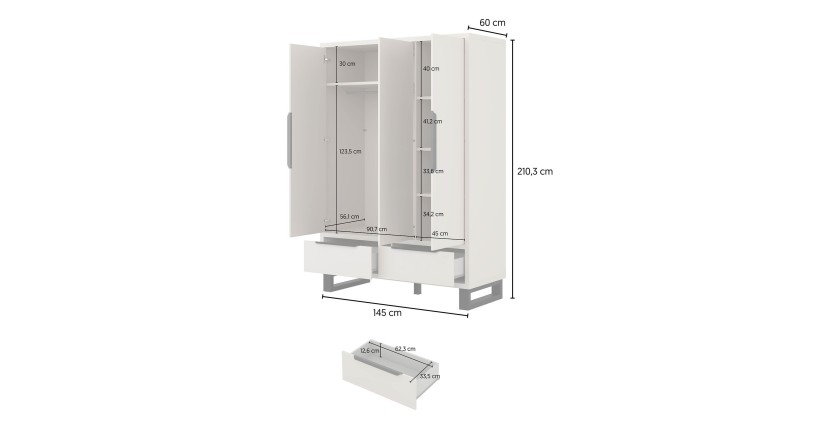 Armoire MILOS 3 portes cachemire avec 2 tiroirs et poignées métal 145 cm