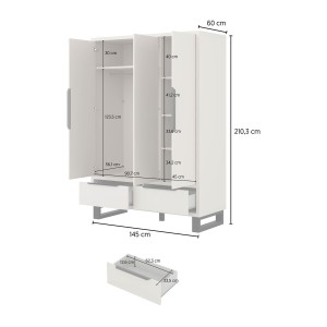 Armoire MILOS 3 portes cachemire avec 2 tiroirs et poignées métal 145 cm