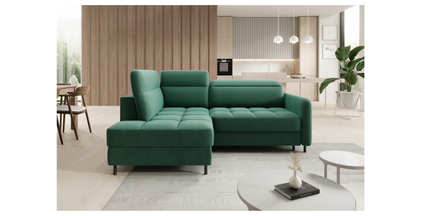 Canapé d’angle gauche convertible BARNEA 208 cm vert foncé avec rangement 
