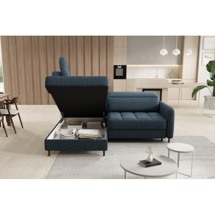 Canapé d’angle gauche convertible BARNEA 208 cm bleu foncé avec rangement 
