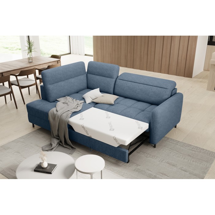 Canapé d’angle gauche convertible BARNEA 208 cm bleu marine chiné avec rangement 