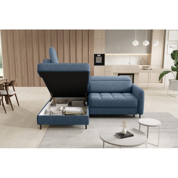 Canapé d’angle gauche convertible BARNEA 208 cm bleu marine chiné avec rangement 