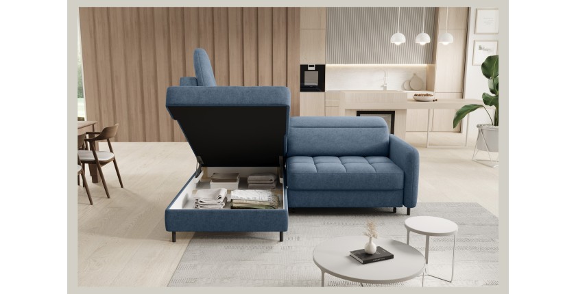 Canapé d’angle gauche convertible BARNEA 208 cm bleu marine chiné avec rangement 