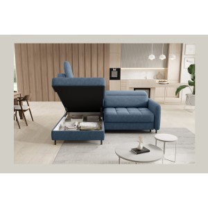 Canapé d’angle gauche convertible BARNEA 208 cm bleu marine chiné avec rangement 