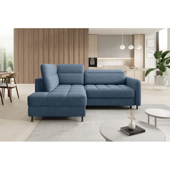 Canapé d’angle gauche convertible BARNEA 208 cm bleu marine chiné avec rangement 