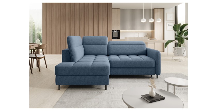Canapé d’angle gauche convertible BARNEA 208 cm bleu marine chiné avec rangement 